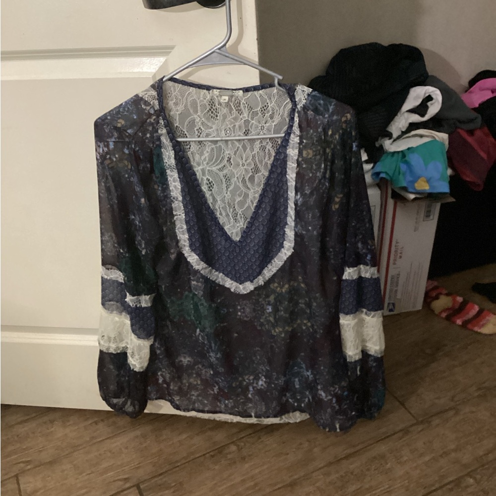 Gimmicks by BKE Navy Floral Lace Blouse